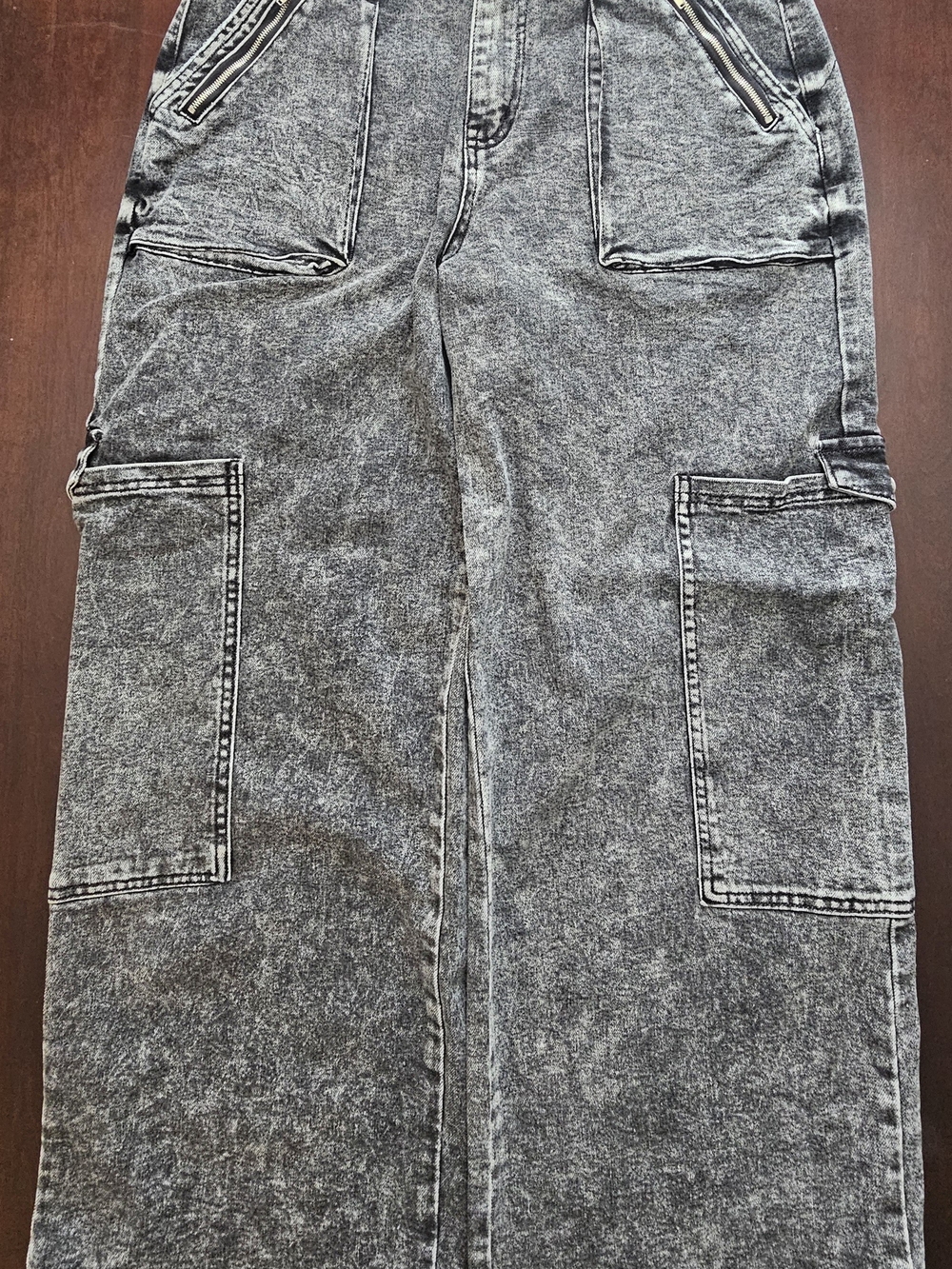 High-Rise Gray Acid-Wash Wide-Leg Cargo Jeans
